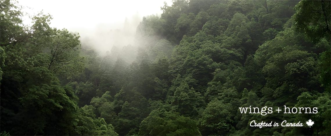 Mist rising over a densely forested green hillside, with the Wings + Horns 'Crafted in Canada' logo watermark in the lower ri
