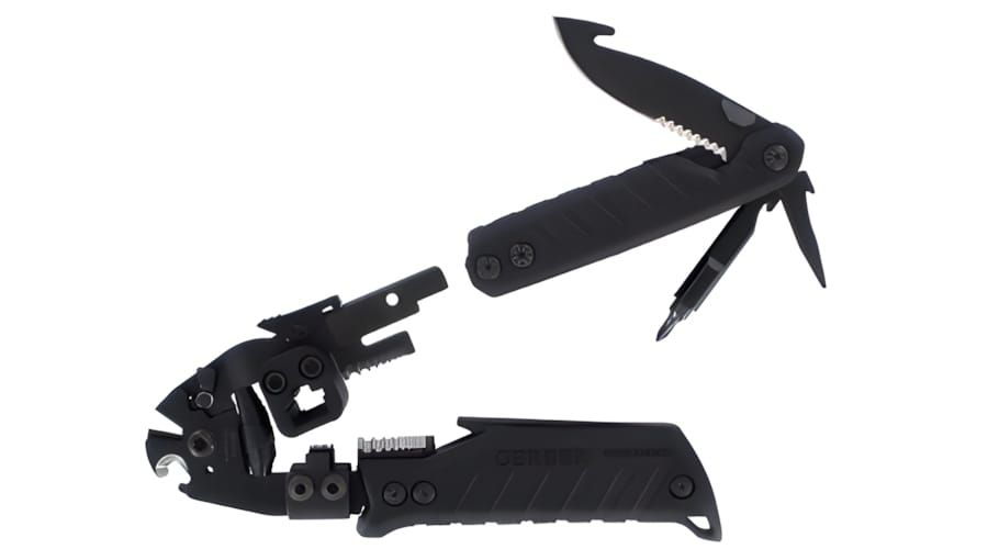 Gerber Cable Dawg 30-000399 shown in two positions: folded compact and deployed, all-black finish.