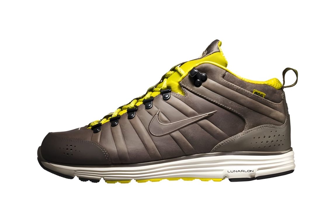 Nike ACG Lunar MacLeay mid-cut hiking boot in Ironstone/Olive colorway, showing grey and olive textile upper with ACG brandin