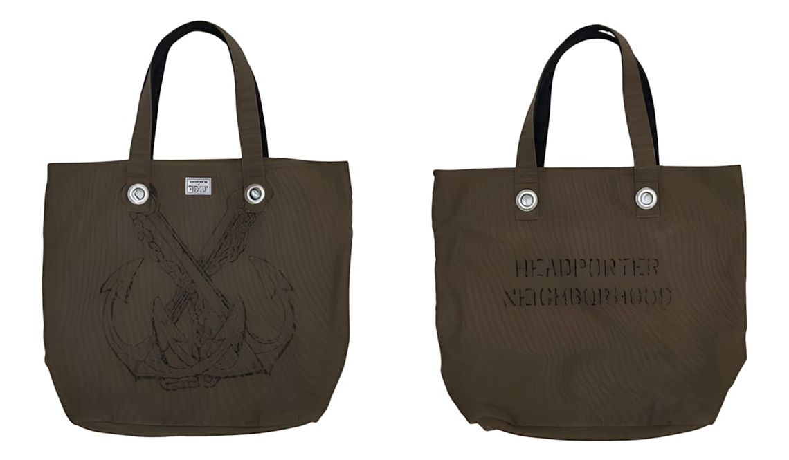 Head Porter x Neighborhood olive nylon canvas tote, front with skull-snake graphic and back with co-brand text print.