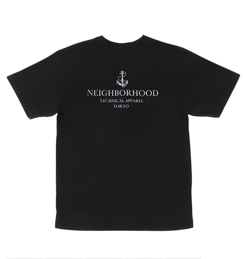Back view of a black NEIGHBORHOOD crew-neck tee with a white anchor graphic above the text 'NEIGHBORHOOD / TECHNICAL APPAREL 