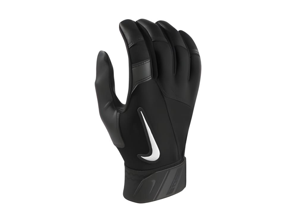 Nike Diamond Elite Pro batting glove in black, leather palm and mesh back, white Swoosh on wrist wrap.