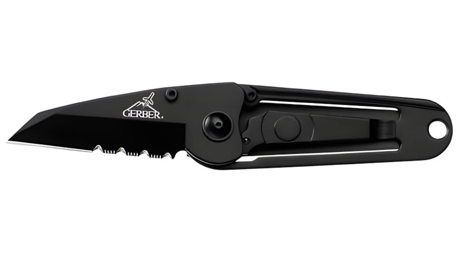 Gerber Remix Tactical folding knife closed, all-black anodized finish, partially serrated blade and lanyard hole visible.