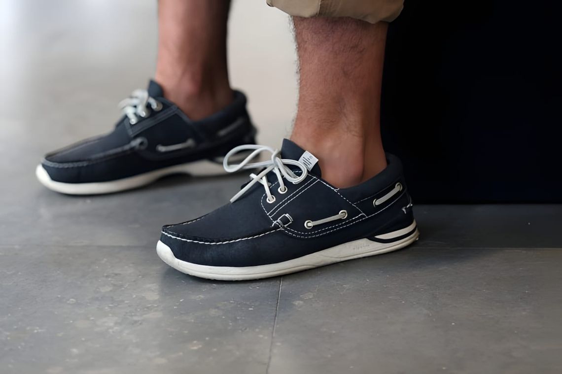 Navy suede Sebago Docksides boat shoes worn on-feet, white lacing and white rubber sole, on concrete floor.