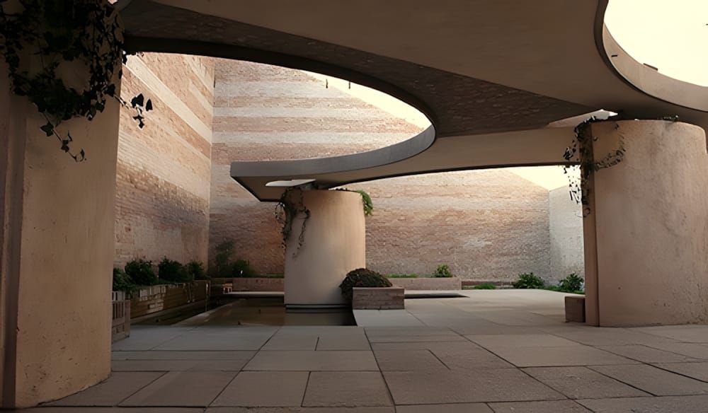 Curved concrete canopy on cylindrical columns over a stone-paved courtyard with exposed brick walls, Querini Stampalia, Venic