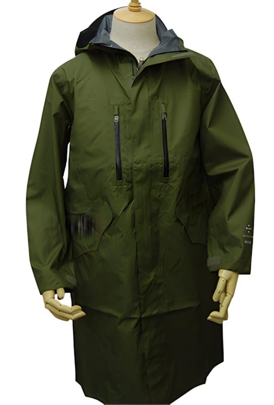 and wander Rain Proof Coat in khaki olive — ghost-mannequin product shot of a long 2.5L waterproof shell with attached hood, 