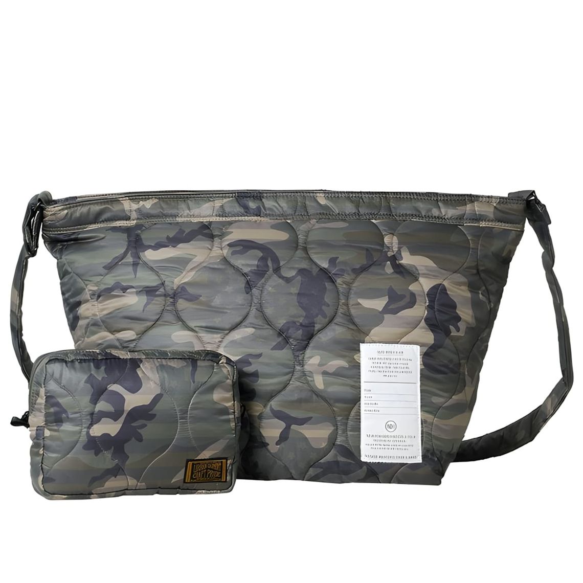 Large quilted down shoulder bag in woodland camouflage with circular bubble-quilt stitching, adjustable crossbody strap, zip 