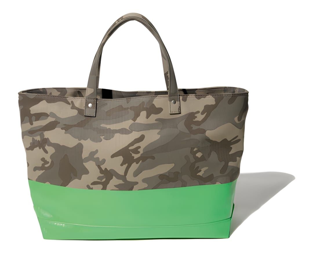 Jack Spade Swedish M90 Camo Coal Tote bag in Swedish armed forces splinter camouflage Cordura with black hardware accents.