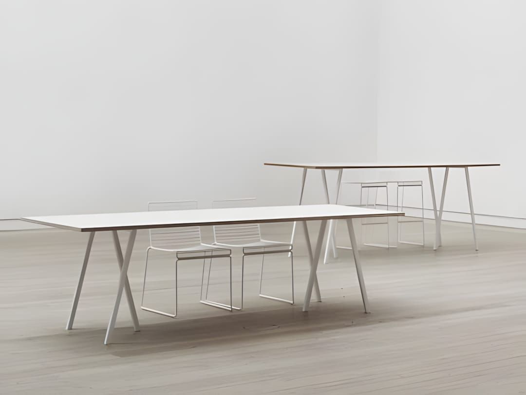 HAY Loop Stand dining table by Leif Jorgensen white trestle legs plywood top