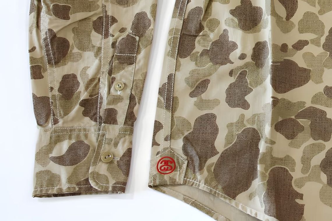 Carhartt WIP L/S Duck Shirt in Camo Duck Desert colorway, close-up of sleeve cuff and shirt hem showing tan duck hunter camou
