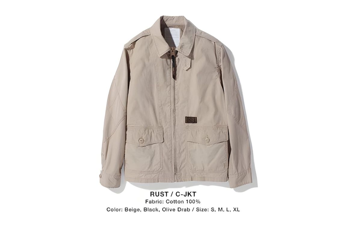 RUST C-JKT cotton flight jacket in beige khaki, ghost-mannequin product shot, M-421A silhouette with shawl collar and flap po