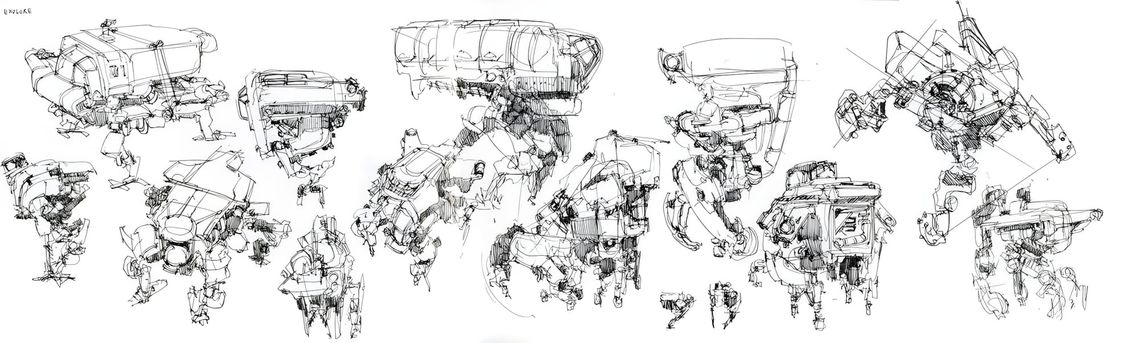 Pen-on-paper sketchbook sheet labeled 'EXPLORE' showing ten-plus loose thumbnail explorations of heavy mechanical robot/mech 