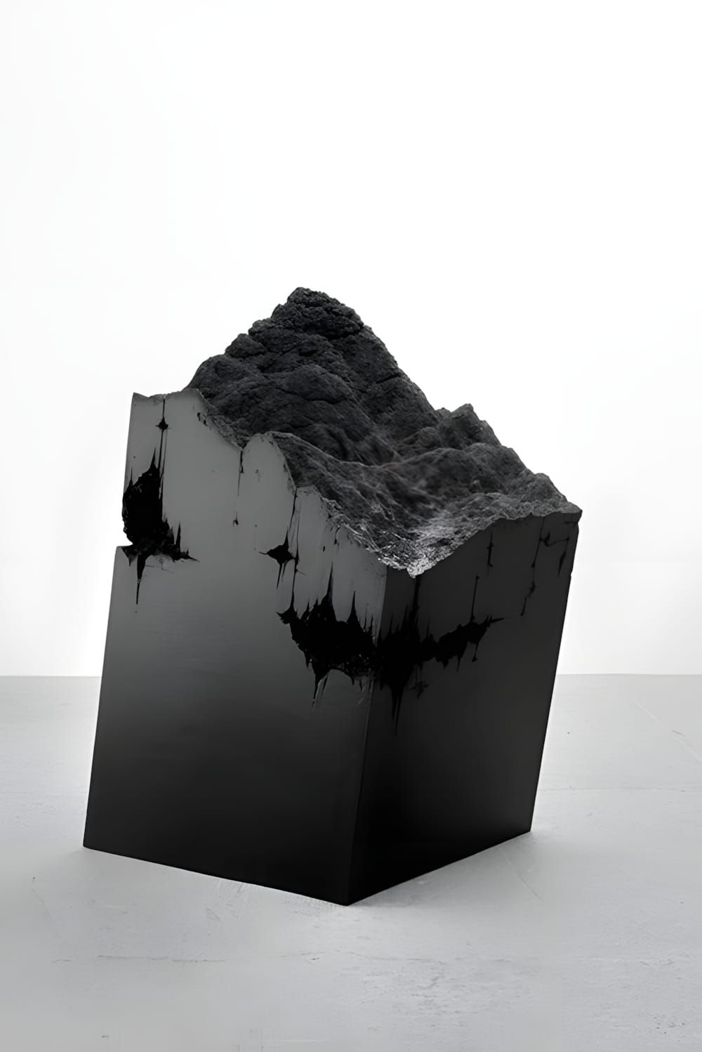 aaajiao 'Limited Landscape, Unlimited, Floating': a glossy black plinth whose top is formed into a craggy 3D-printed mountain