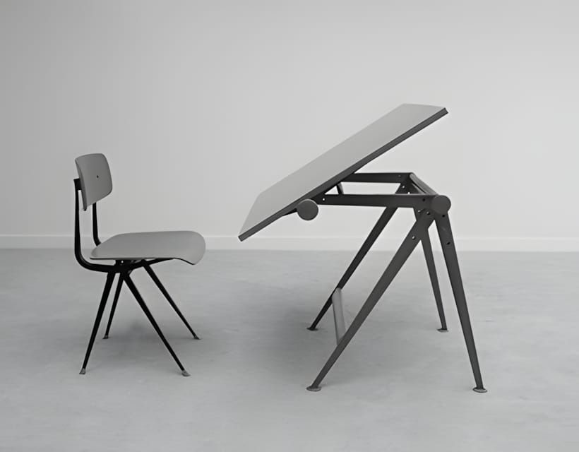 Reply architect's drafting table by Friso Kramer and Wim Rietveld for Ahrend de Cirkel, 1963, showing the adjustable tilting 