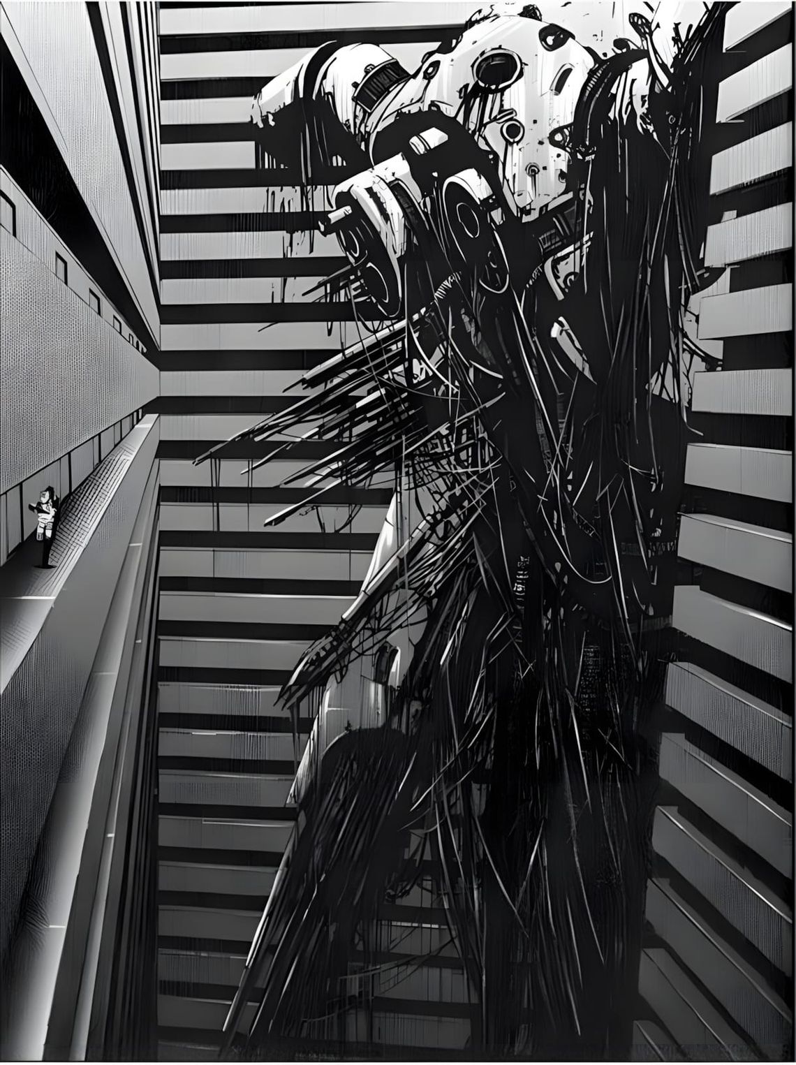 BLAME! manga panel: massive biomechanical Silicon Creature with spheroid skull looms over tiny human on megastructure escalat