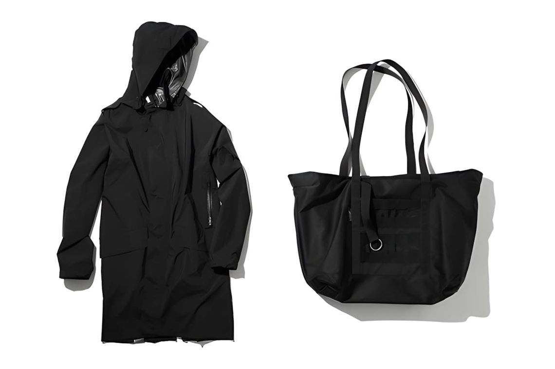 Beauty & Youth x Acronym all-black technical hooded parka (left) and structured utility tote bag with webbing straps and D-ri