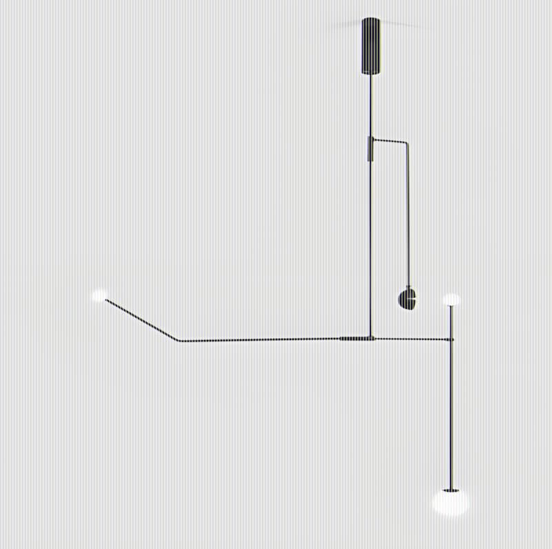 Michael Anastassiades Mobile Chandelier — angular black brass rod pendant with bare opaline globe bulbs, suspended from ceili