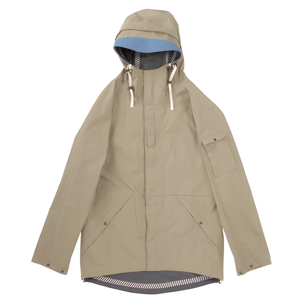 Barbour x To Ki To Nomad 2.5L hooded shell jacket in sand, ghost-mannequin product shot, blue hood lining and striped hem tri