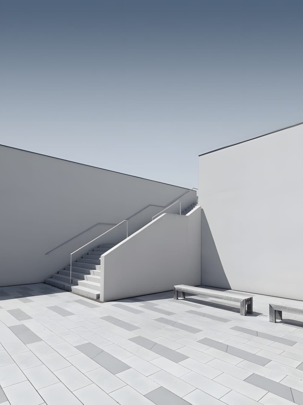 White minimalist exterior staircase with metal handrail and stone-paved courtyard, Sankt Afra campus, Meißen.