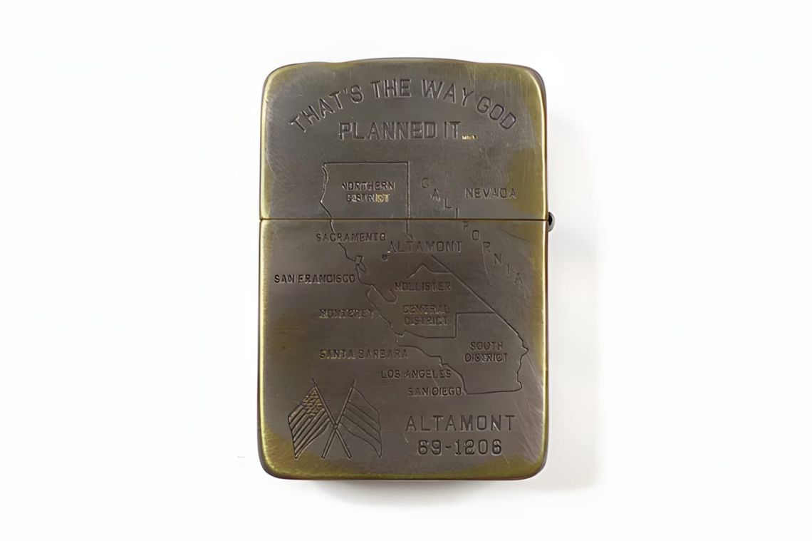 Antique brass Zippo lighter engraved with California map and text "ALTAMONT 69-1206" and "That's The Way God Planned It."