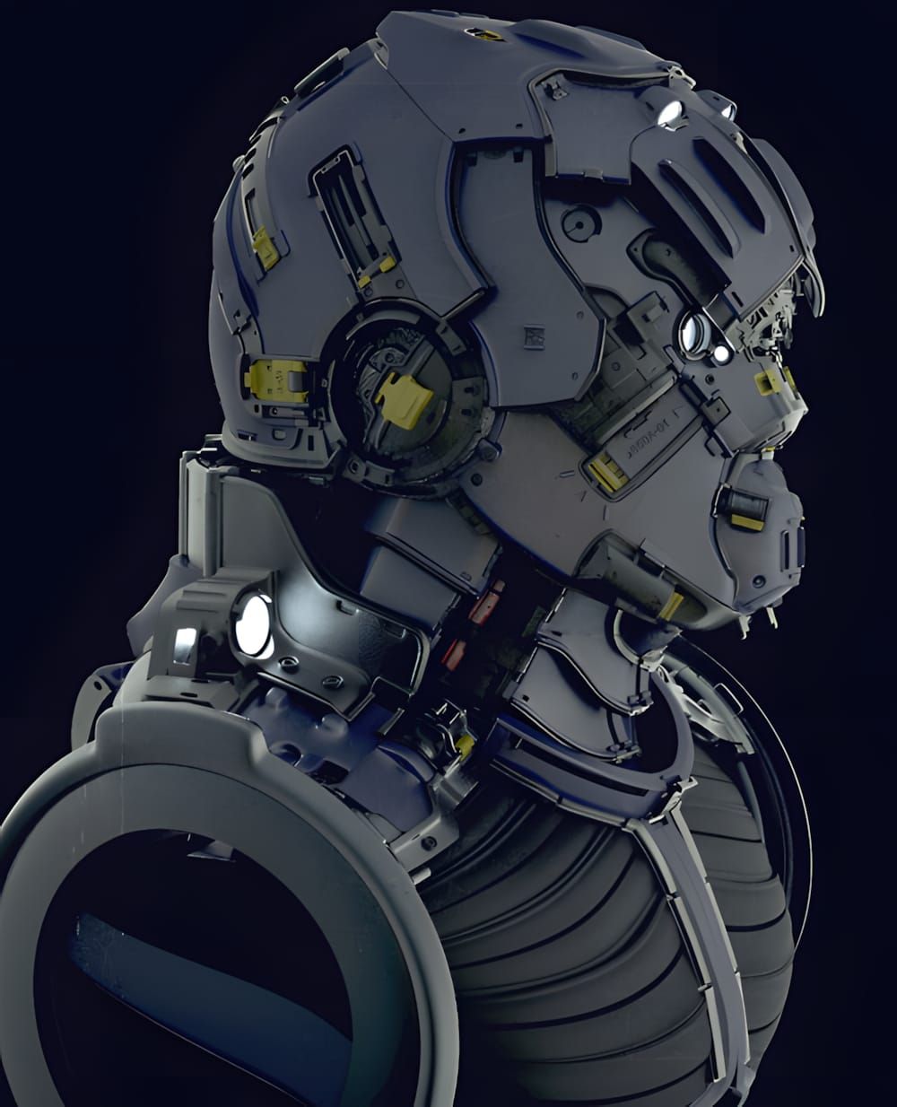 ZBrush hard-surface bust work-in-progress sculpt by Mike Andrew Nash, showing mechanical helmet and armour detailing.