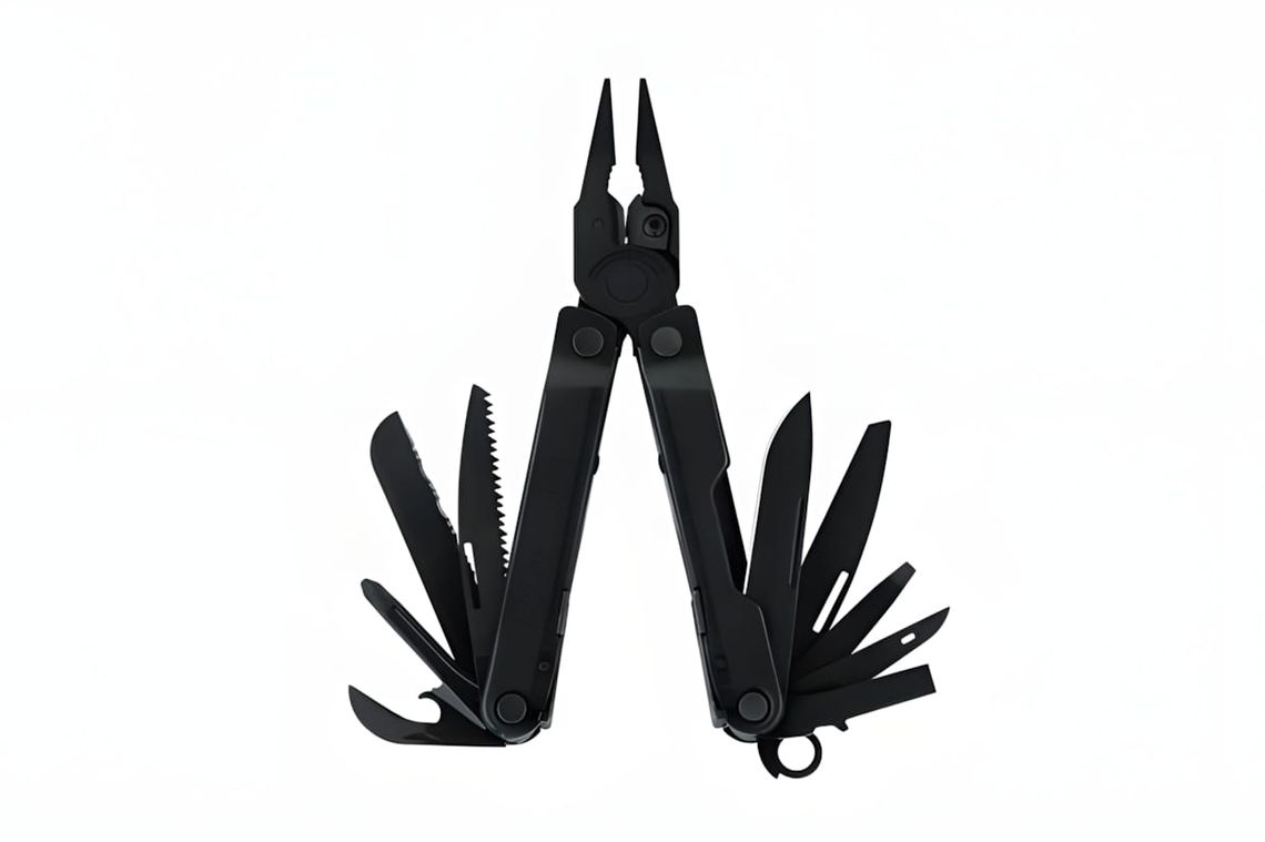 Leatherman Rebar multi-tool in black oxide finish, tools partially fanned open showing pliers, blades, and folded implements 