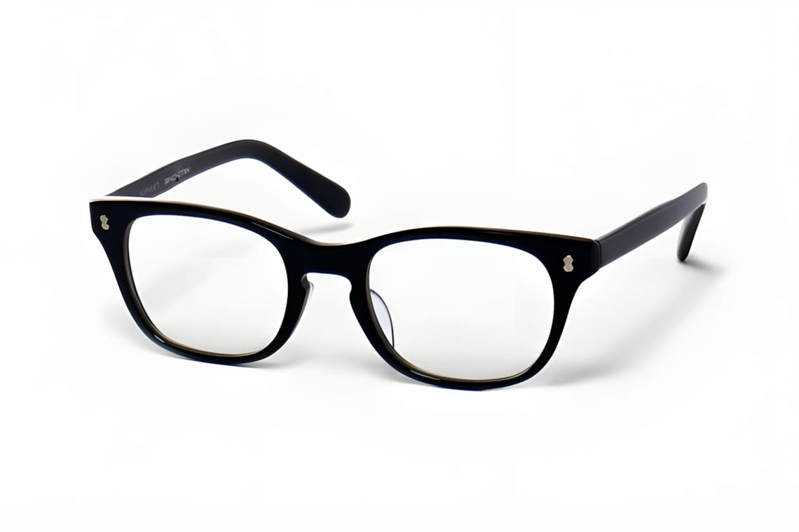 Sophnet x Kaneko Optical Binchotan Wellington glasses, black acetate frame, clear lenses, silver rivet temples.