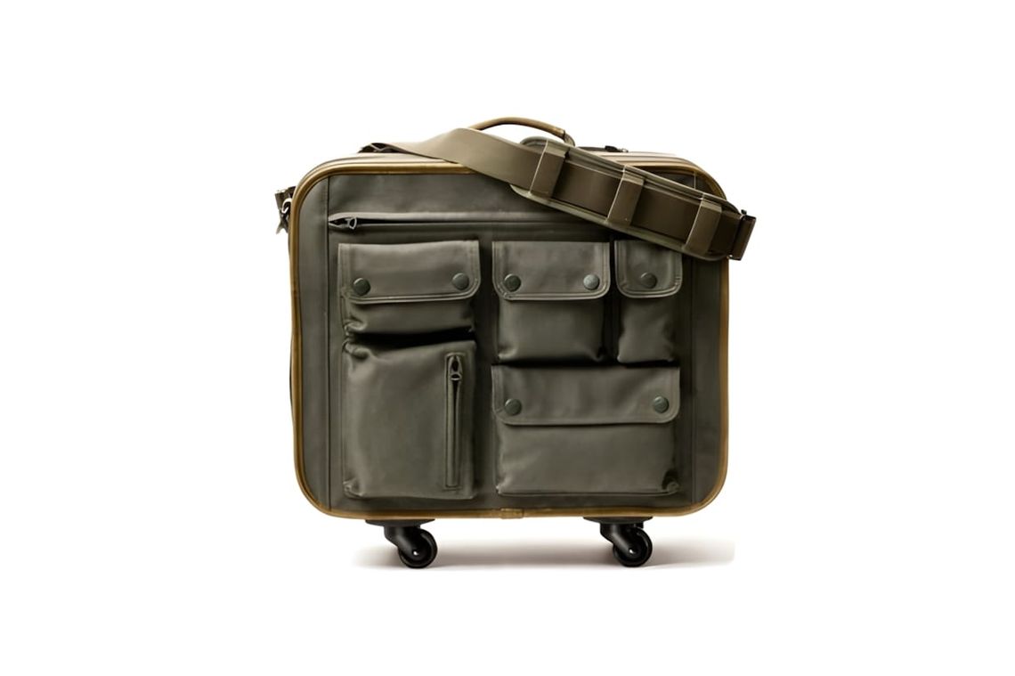 White Mountaineering x Porter olive canvas wheeled trolley bag with multiple snap-flap utility pockets and shoulder strap, on
