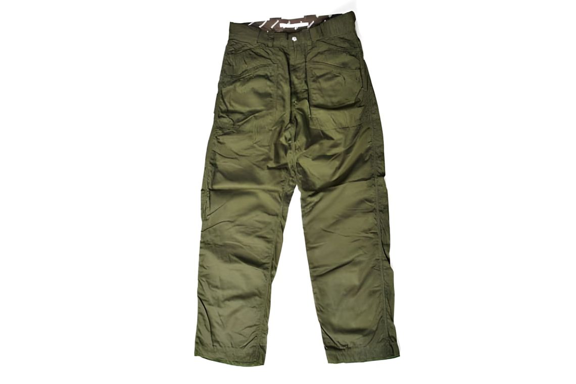 Engineered Garments Aircrew Flight Satin Nylon Pant in olive relaxed military trouser silhouette