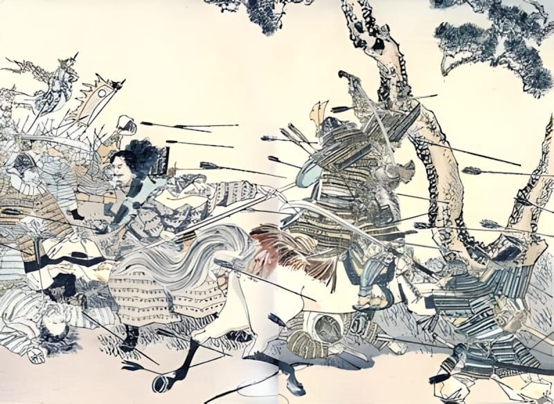 Hishikawa Moronobu woodblock print: two mounted samurai and seven foot soldiers charge into battle, arrows flying.