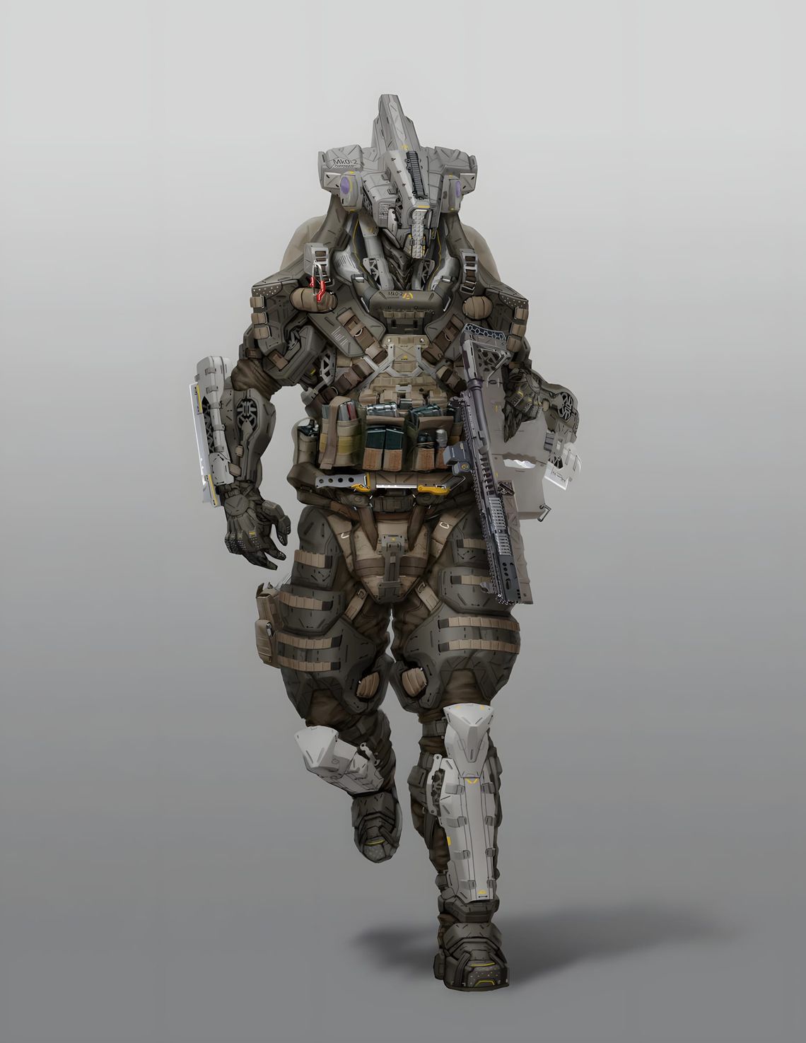 StTheo 'Vector' — front-facing bipedal robot soldier in tactical exosuit with MOLLE chest rig and rifle, MK8-7 markings.