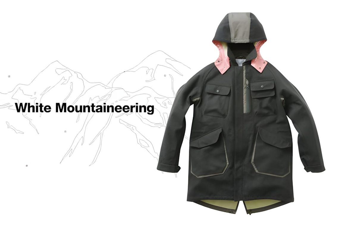 White Mountaineering GORE-TEX M51 Fishtail Parka with tweed exterior, multiple front pockets, and fishtail back hem