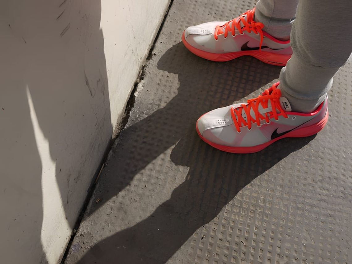 Feet wearing Nike LunaRacer+ 2 women's running shoes in Pure Platinum and Solar Red, shot from above on textured grey pavemen