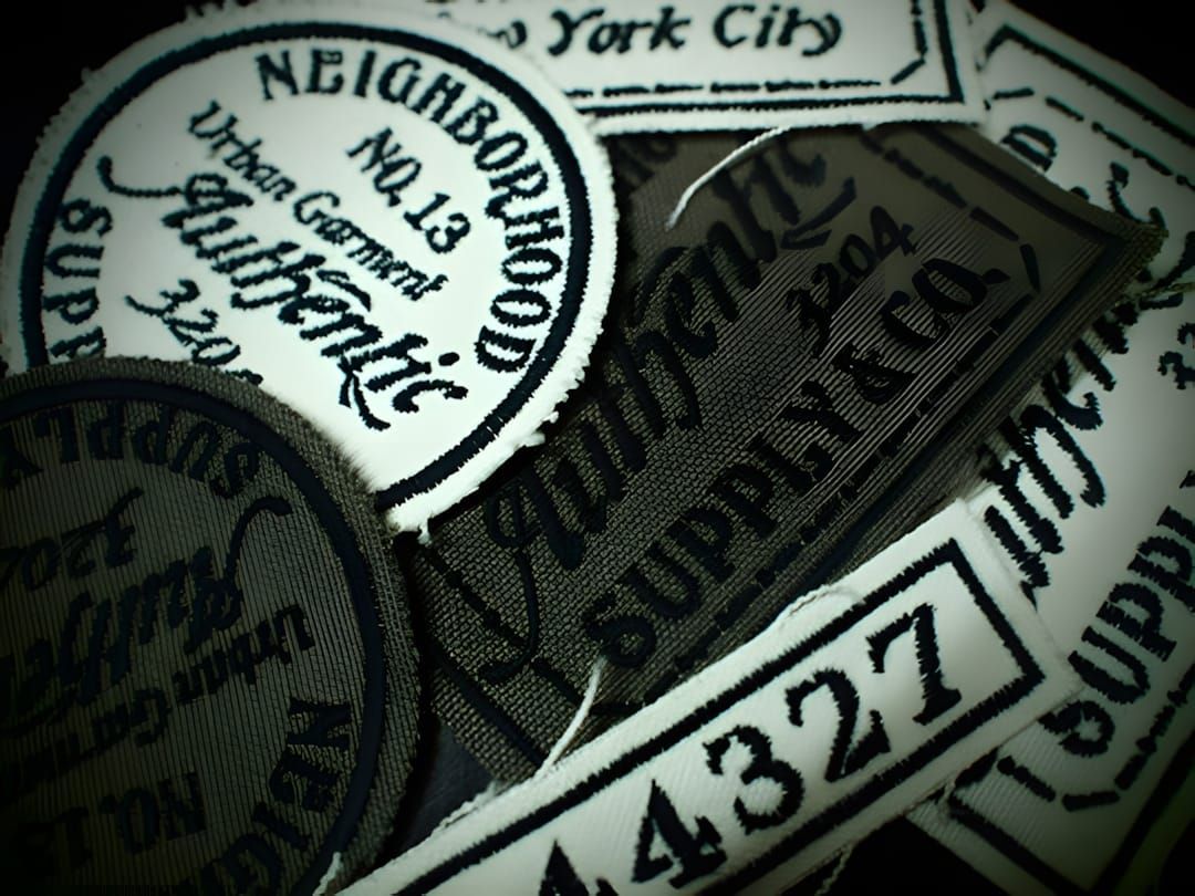 Scattered woven embroidered patches on a dark surface reading NEIGHBORHOOD No.13 Urban Garment, Authentic Supply & Co., and N