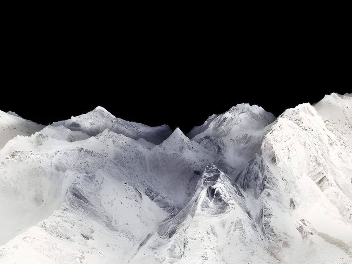 Large-format inverted glacier photograph: a snow-covered alpine mountain range rendered in stark chalk-white against a pure b