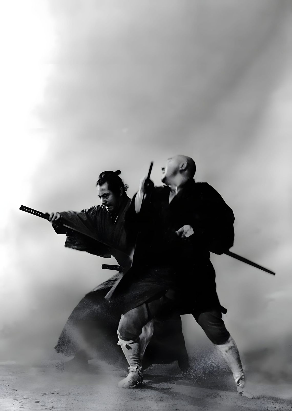 Black-and-white film still from Seven Samurai (1954): two figures in feudal Japanese robes — one with a topknot gripping a ka