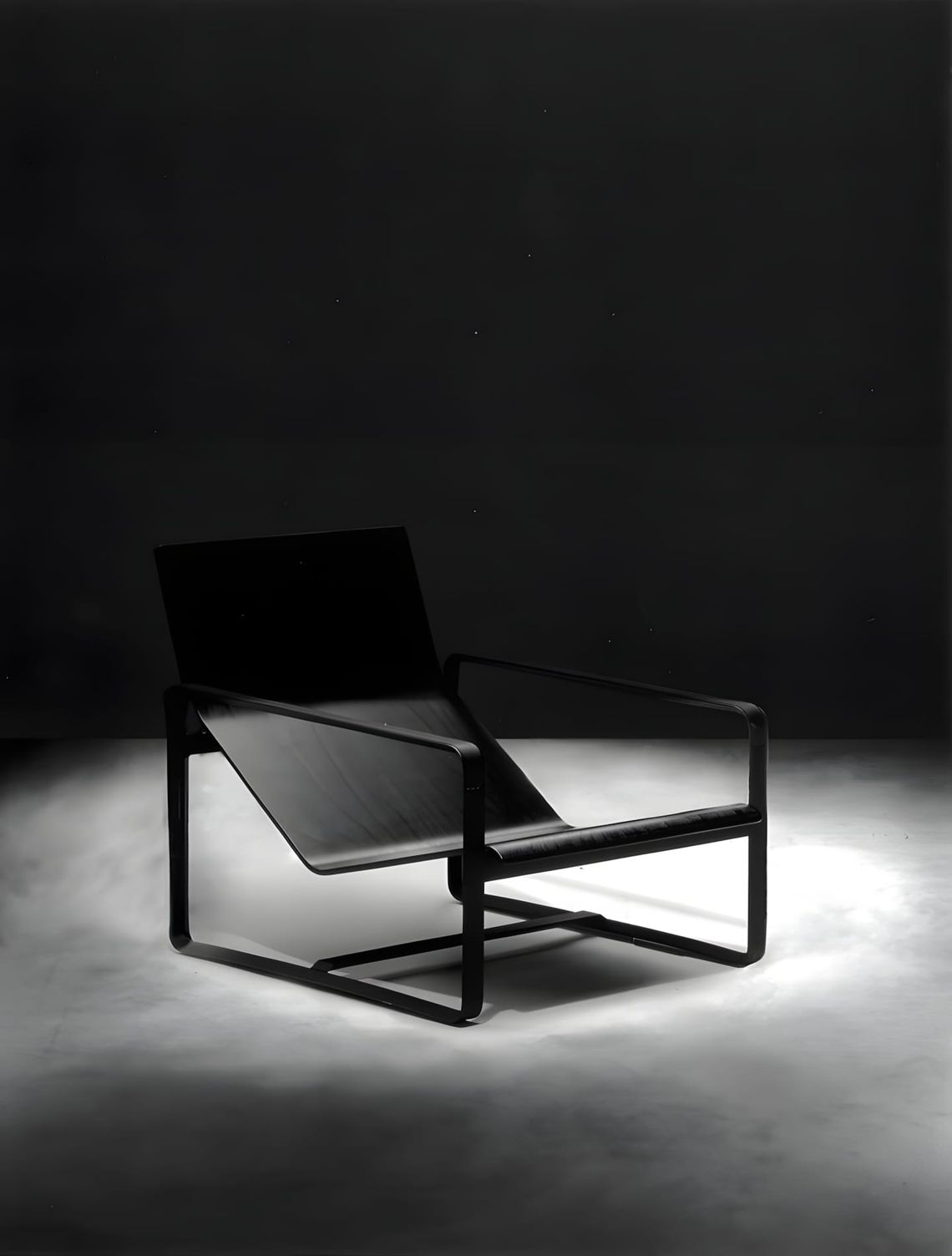 Tribù Neutra easy chair by Vincent Van Duysen — black powder-coated aluminum flat-bar frame with dark Batyline sling seat, ph