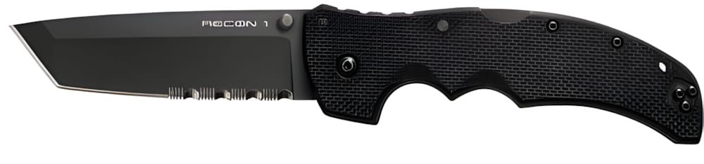 Cold Steel Recon 1 folding knife open, showing the black DLC-coated tanto blade with 50/50 serrated edge and textured G-10 ha