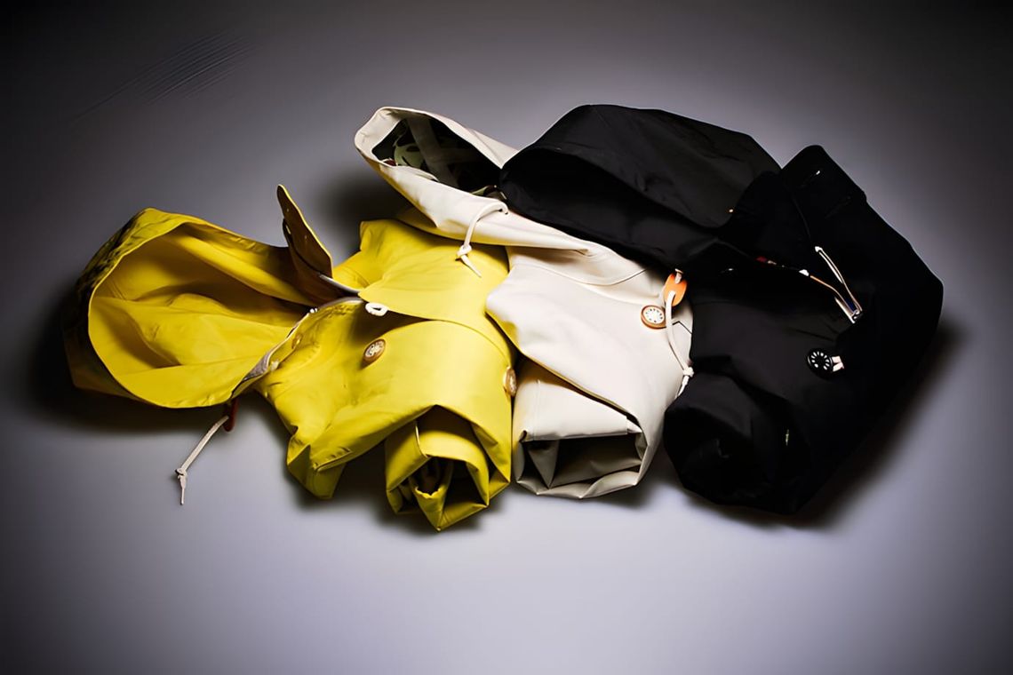 Three Stutterheim rubberized cotton raincoats arranged in a studio pile: yellow coat on left with visible drawstring hood and
