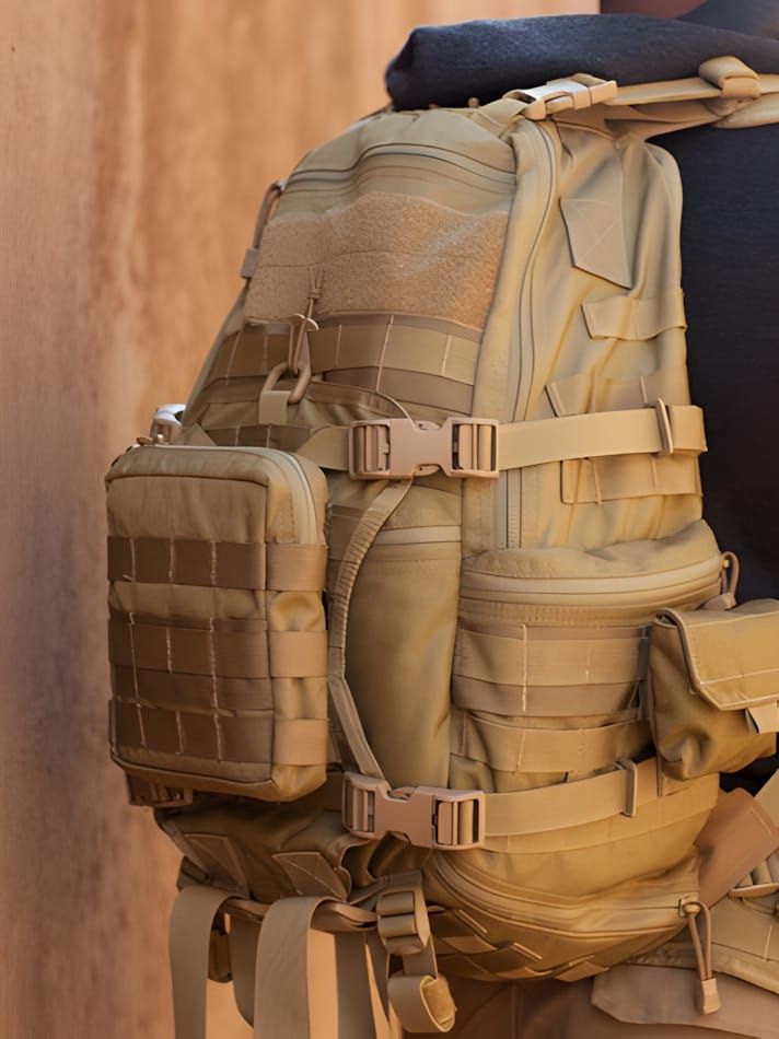 Triple Aught Design FAST Pack EDC backpack in coyote tan, shown worn on a person's back, displaying full MOLLE/PALS webbing a
