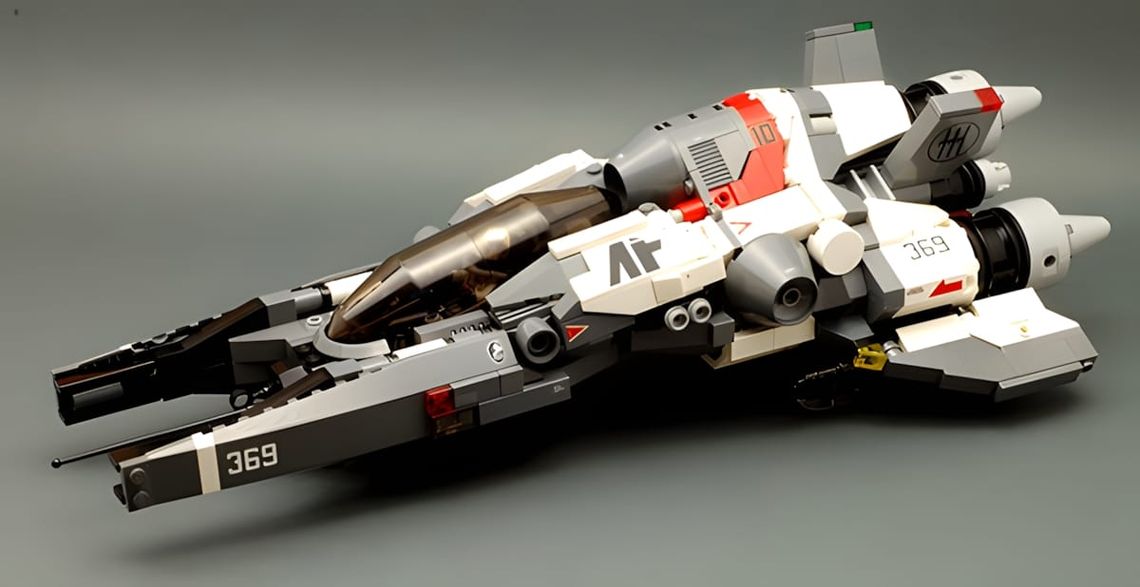 LEGO brick-built sci-fi fighter spacecraft — the Gz-81 Naganata by Dasnewten — in white and grey with red accents, black engi