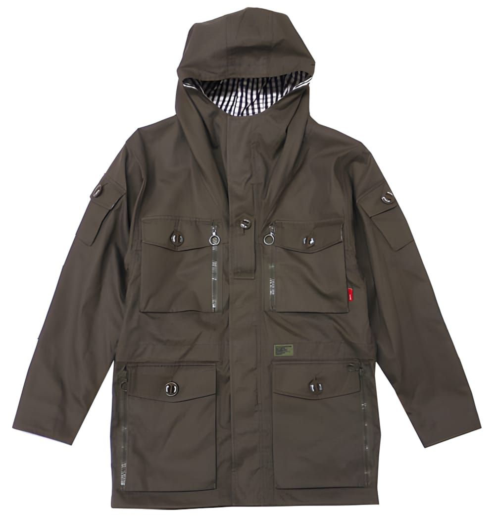 WTAPS Parasmock Parka in olive, Spring/Summer 2010 — flat-lay product shot on white background showing four button-flap chest