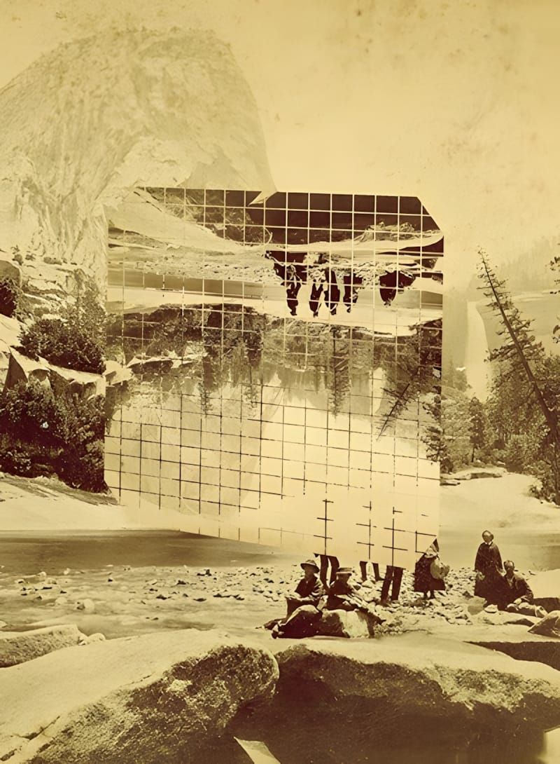 Sepia-toned photomontage by Superstudio: a transparent rectangular grid-plane is superimposed over a 19th-century albumen pho