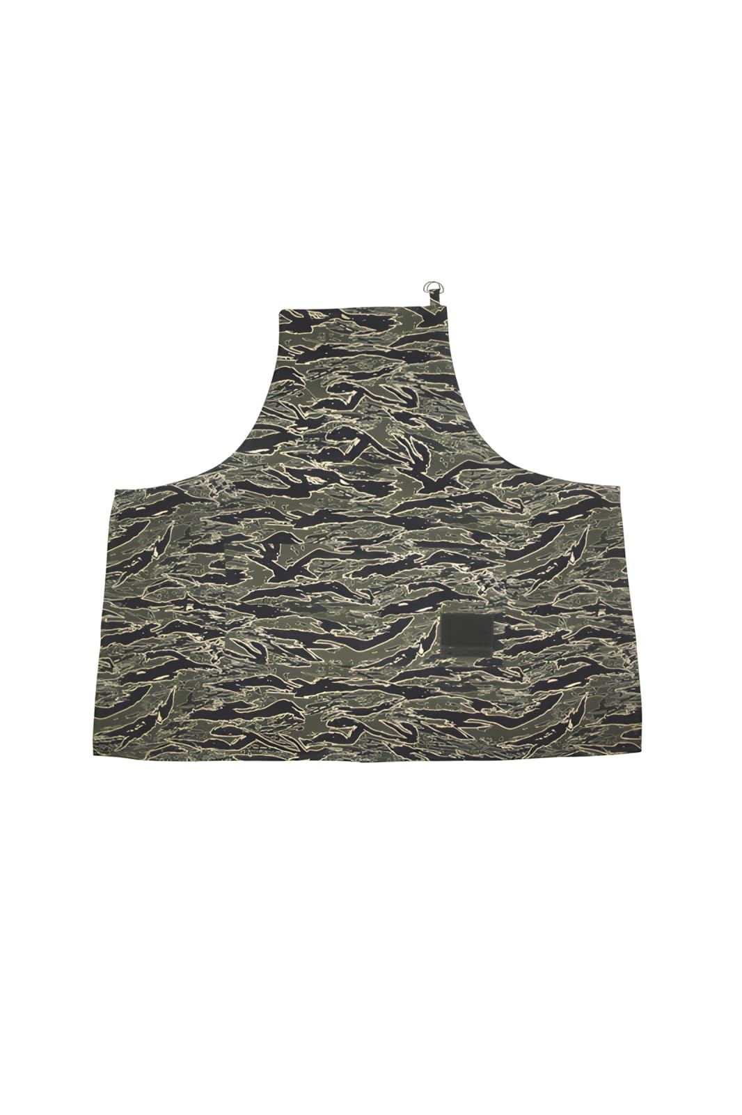 Maharishi tigerstripe DPM camouflage bib apron on white background, with D-ring at the top neck and a small woven patch on th