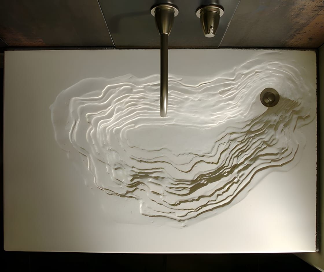 Overhead view of the Gore Design Co. Erosion Sink — a white/light concrete rectangular slab basin with layered topographic co