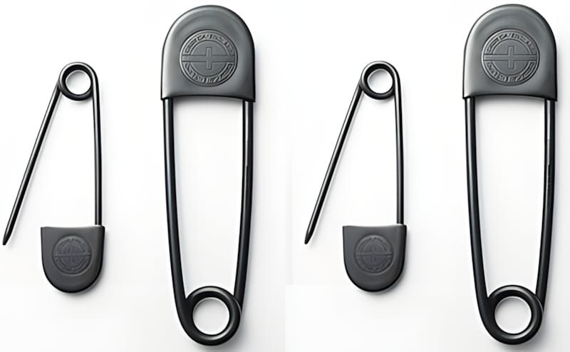 Two oversized blackened-metal safety pins with embossed circular medallion logo on the latch cap, shown open and closed again