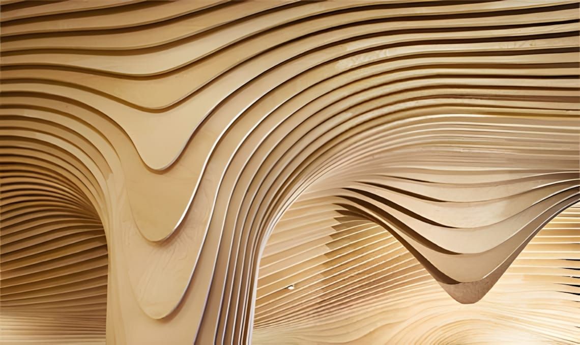 Close-up detail of the BanQ restaurant ceiling: flowing, tightly spaced CNC-milled birch plywood ribs undulate in compound cu