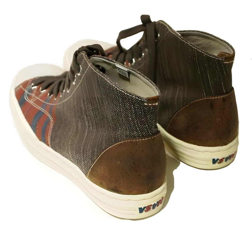 Pair of The Hill-Side Japan Striped Tweed high-top sneakers shown from the rear three-quarter angle, displaying brown multico