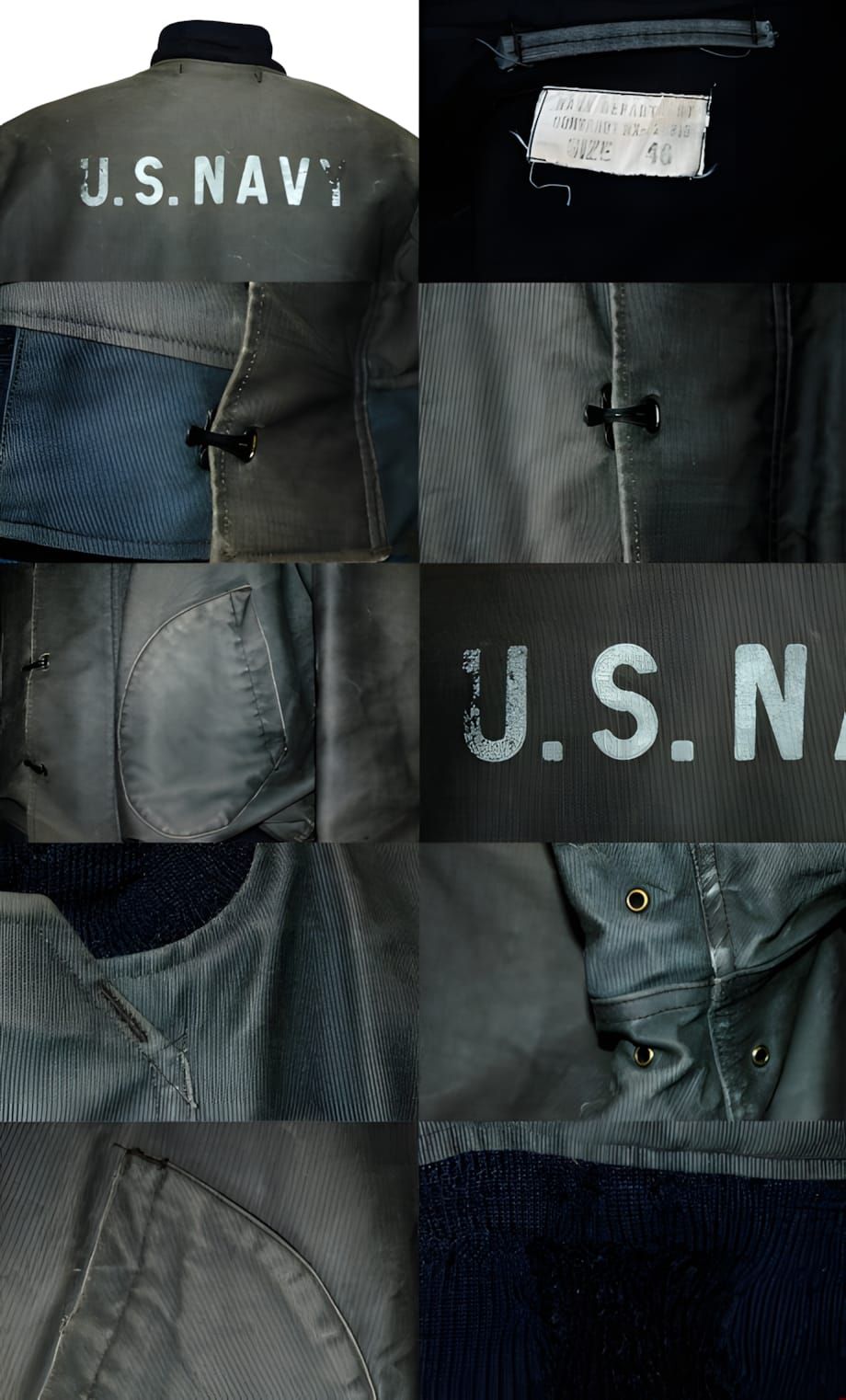Contact-sheet montage of detail photographs of a WWII-era US Navy N-1 Deck Jacket: back panel with white stencilled 'U.S. NAV
