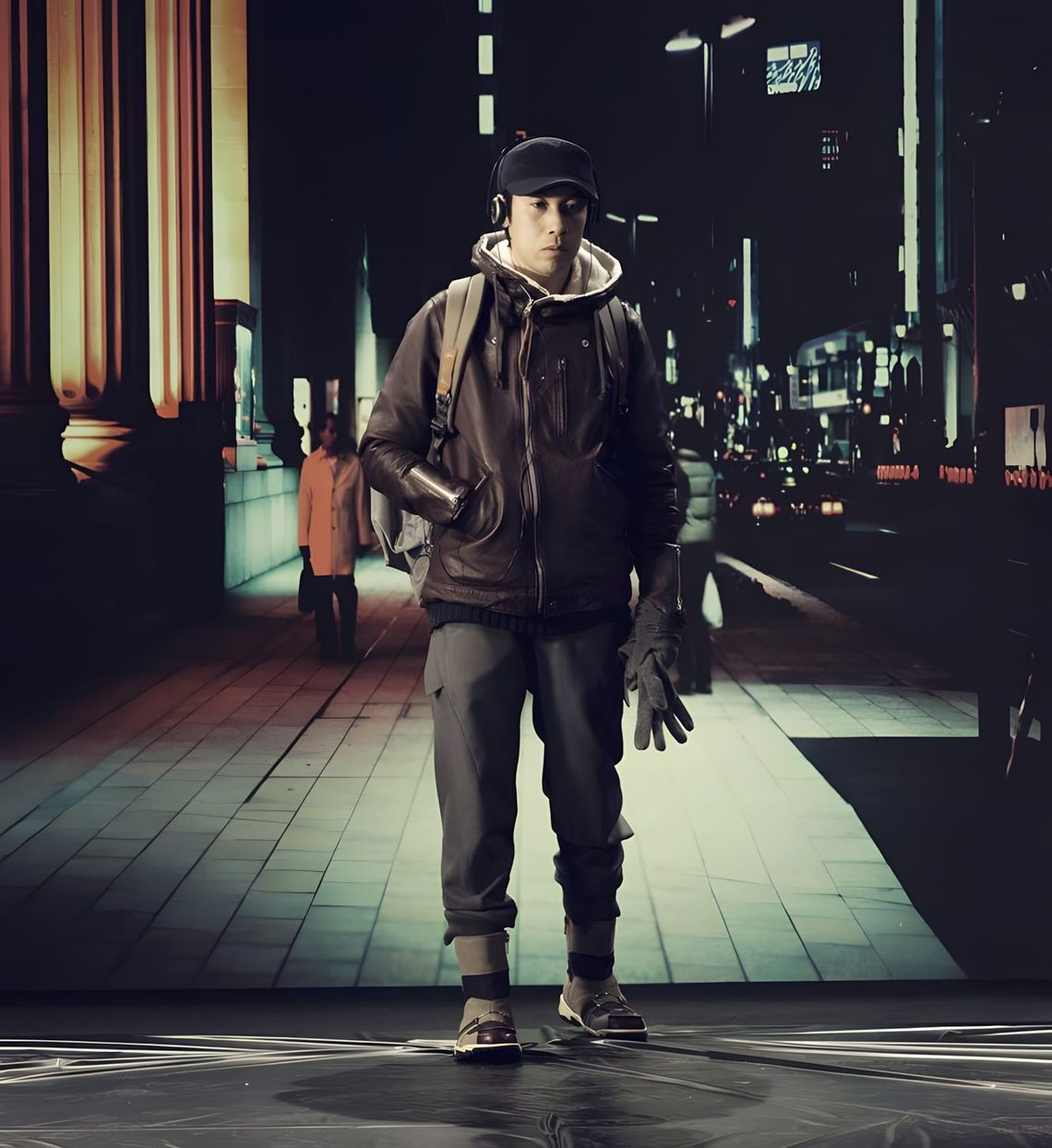 Male model in a dark brown leather jacket layered over a hooded sweatshirt, grey cargo trousers, black cap with on-ear headph